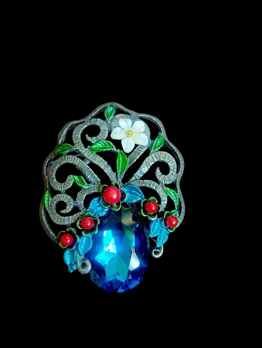 Blue Teardrop Floral Filigree Brooch